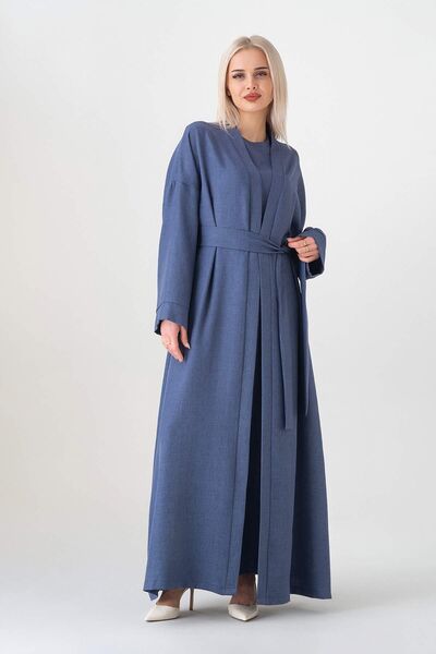 Abaya Kolsuz Elbise İkili Ferace Kimono Tesettür Takım - İndigo - FSC3135