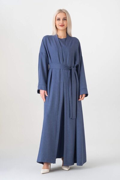 Abaya Kolsuz Elbise İkili Ferace Kimono Tesettür Takım - İndigo - FSC3135