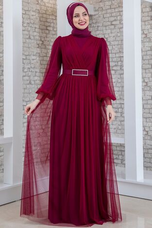 Evening Dress - Tulle Detailed - Stone Detailed Belt - Plum - MDV2042 - Thumbnail