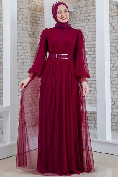 Evening Dress - Tulle Detailed - Stone Detailed Belt - Plum - MDV2042