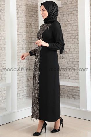 Firuze Dress - Fringed - Black & Gold - MDV2039 - Thumbnail