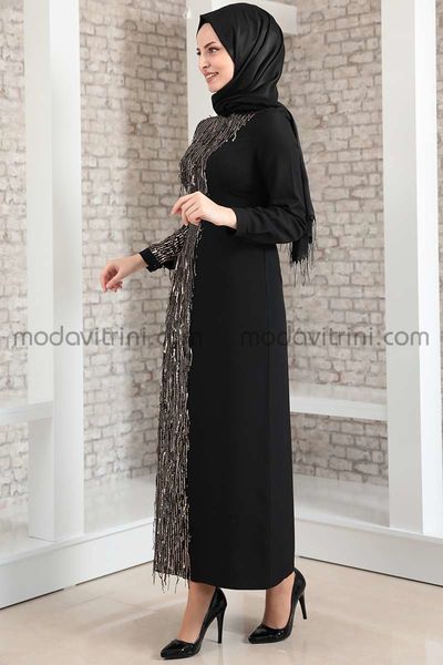 Firuze Dress - Fringed - Black & Gold - MDV2039