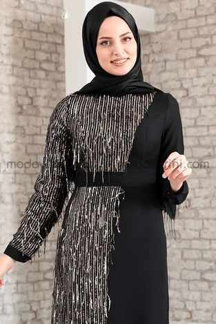 Firuze Dress - Fringed - Black & Gold - MDV2039 - Thumbnail