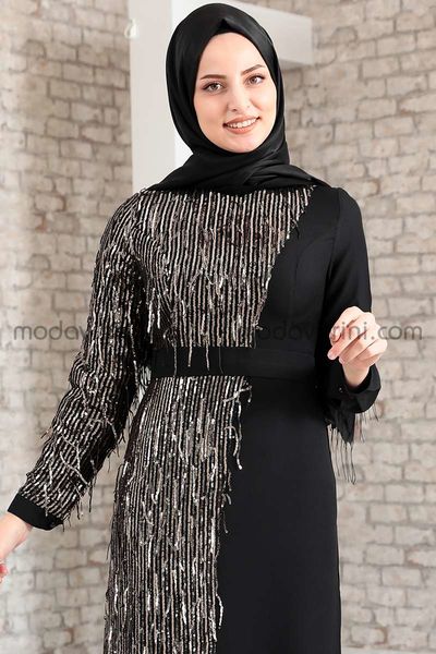 Firuze Dress - Fringed - Black & Gold - MDV2039