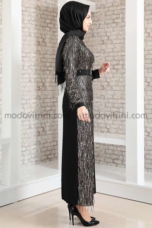 Firuze Dress - Fringed - Black & Gold - MDV2039 - Thumbnail