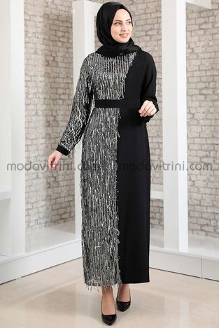 Firuze Dress - Fringed - Black & Silver - MDV2039 - Thumbnail