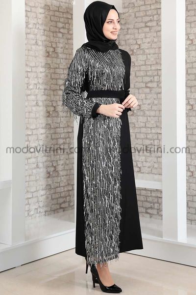 Firuze Dress - Fringed - Black & Silver - MDV2039