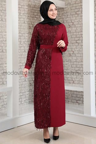 Firuze Dress - Fringed - Maroon - MDV2039 - Thumbnail