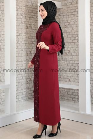 Firuze Dress - Fringed - Maroon - MDV2039 - Thumbnail