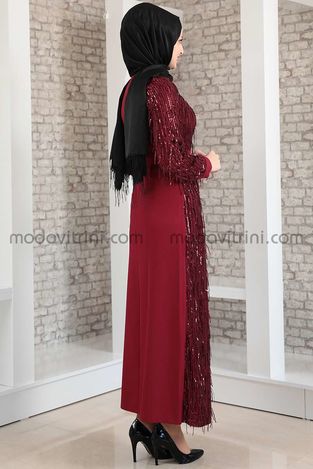 Firuze Dress - Fringed - Maroon - MDV2039 - Thumbnail