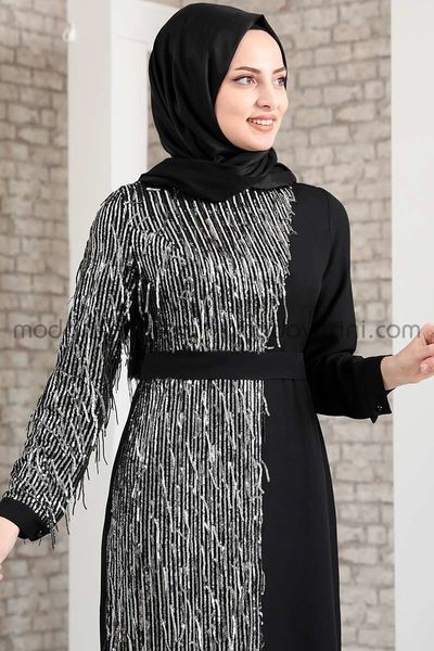 Firuze Robe - A Franges - Noir & Argent - MDV2039