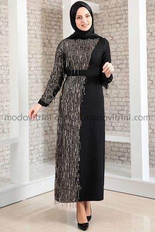 Firuze Robe - A Franges - Noir & Gold - MDV2039 - Thumbnail