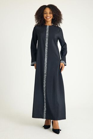 Taş Detaylı Abaya Tesettür Ferace Elbise - Siyah - FSC3137 - Thumbnail